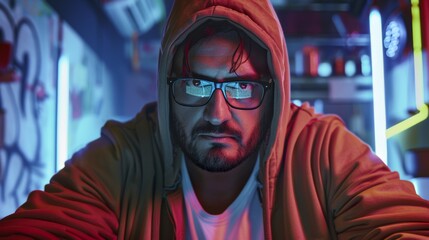 A man with glasses and a hoodie sitting in front of neon lights, AI - Powered by Adobe