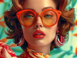 Obraz premium Retro style pastel colors summer background. Fashion woman wearing big sunglasses.