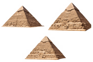 A set of three angled pyramids showcasing different perspectives, isolated transparent on a white background for png use