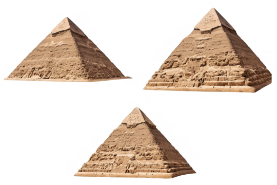 A set of three angled pyramids showcasing different perspectives, isolated transparent on a white background for png use