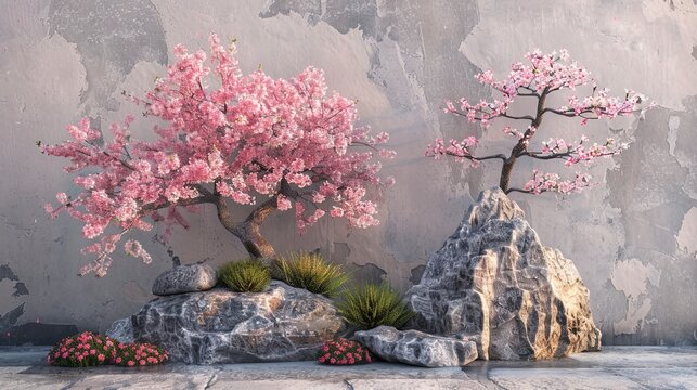 Japanese bansai tree with sakura flowers on the background of a concrete wall.