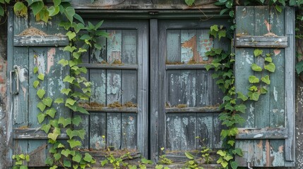 Weathered Shutters with Overgrown Plants in Dirt