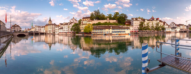 Panoramic view of Zurich Old Town with reflections on the Limmat River, Switzerland