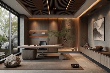 A 3D model design for interior design, minimalist, desktop, neutral and brown, contrast.