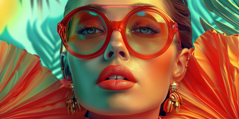 Obraz premium Retro style pastel colors summer background. Fashion woman wearing big sunglasses.