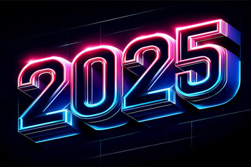 New Year Futuristic Neon 2025 Signage, Glowing 2025 on Digital Grid, Cyberpunk Style 2025 Year Display, Neon Light 2025 Against Virtual Cityscape, Digital Revolution Concept with 2025 Neon Lights