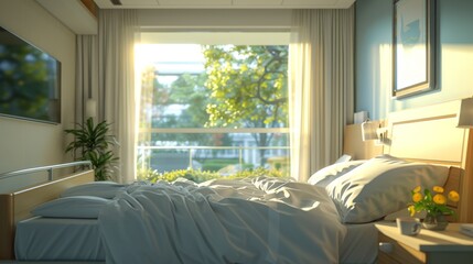 A Bedroom With a Large Window and a Bed With a White Comforter - Generative AI