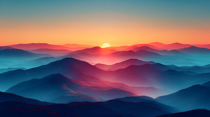 A nature mountain range during sunset, the sky ablaze with colors, and the mountains casting long shadows