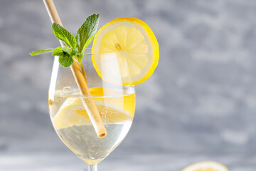 Hugo Sparkling Wine Cocktail with Fresh Mint and Lemon in Glass with Eco-Friendly Straw