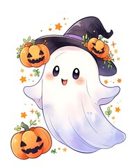 Happy Halloween kawaii watercolor ghost. Chibi ghost with pumpkin and flowers clipart. Generative AI