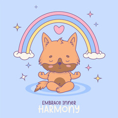 Cute calm cartoon dog meditating under rainbow. Funny kawaii character animal. Vector illustration. Cool card with pet yogi sitting in an asana 