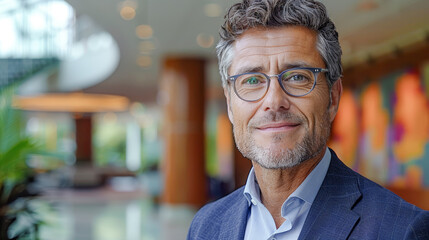 Fototapeta premium Portrait of a Smiling Male Entrepreneur Capturing the Charisma and Confidence of a Successful Business Owner, Radiating Self-Assuredness and Managerial Excellence Wallpaper Digital Art Poster