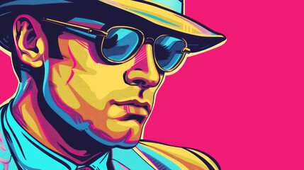  Pop Art Noir Detective Illustration: Bold Colors, Classic Fedora Hat, Retro Sunglasses, Vibrant Graphic Style, Modern Crime Scene Art. 