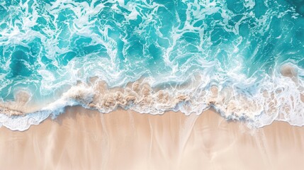 Sandy beach and soft blue ocean wave top view. Summer background