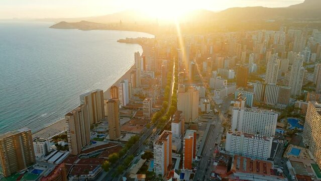 Aerial view of the Benidorm cityscape at sunset, Costa Blanca, Spain