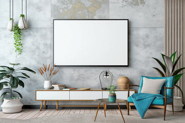Modern living room with blank canvas on textured wall, colorful armchair, wooden table, and hanging plants; mockup