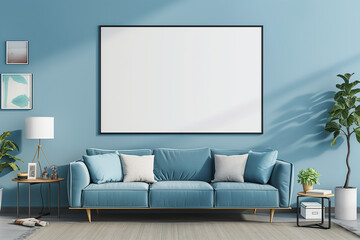 Modern living room with a blank canvas on the wall, a blue couch, and minimalist decor. The room is bright and airy with a contemporary style; mockup