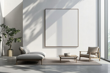 Modern minimalist room with a large blank frame, elegant furniture, natural light, and a tranquil atmosphere highlighting simplicity and sophistication; mockup
