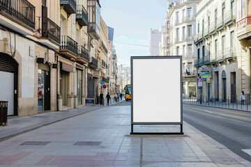 Blank advertising board at a bus stop on a European city street with classic architecture; mockup