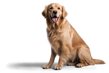 A well-groomed golden retriever is shown seated, with its face blurred out, on a transparent, white background, png format for pet themes