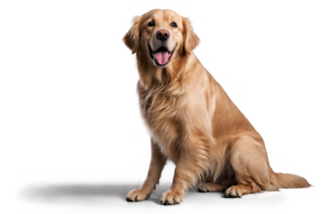 A well-groomed golden retriever is shown seated, with its face blurred out, on a transparent, white background, png format for pet themes