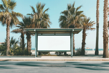Bus stop with blank billboard surrounded by palm trees on a sunny day; mockup