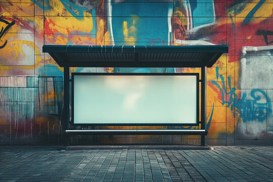 Blank bus stop advertising poster with colorful graffiti wall background; mockup - Powered by Adobe