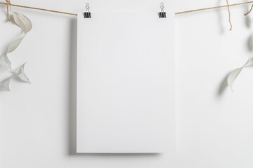 White blank paper hanging on a string with binder clips, decorated with dry eucalyptus leaves on a white background; mockup