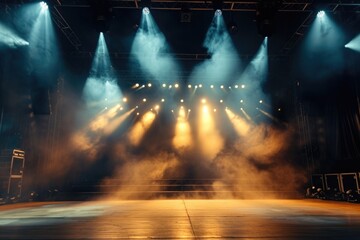 Stage illuminated with light pojectors and filled with scenic smoke