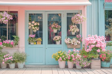 Fototapeta premium The picturesque exterior of a flower shop, with its pastel-colored walls and doors, beautifully decorated with an array of blooming flowers.