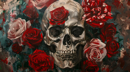 Gothic Skull with Roses - Dark Floral Art for Halloween and Day of the Dead Decor