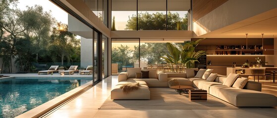 Interior design of a living room in a modern house with an open terrace and swimming pool.