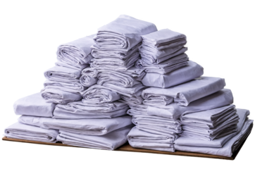 A neatly stacked pile of folded white linens on a wooden pallet, illustrated on a transparent, white background as a png