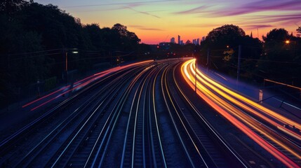 Obraz premium A train is traveling down a track with a beautiful sunset in the background