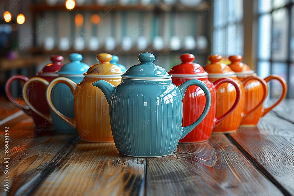 Wall mural Monochrome teapot on a table set with colorful tea cups. Concept of tea time and hospitality. Generative Ai.