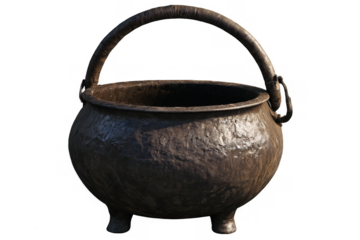 An antique cast iron cauldron presented with a transparent, white background in png format
