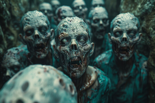 Zombies emerging from a dark underground tunnel. Concept of horror and suspense. Generative Ai.