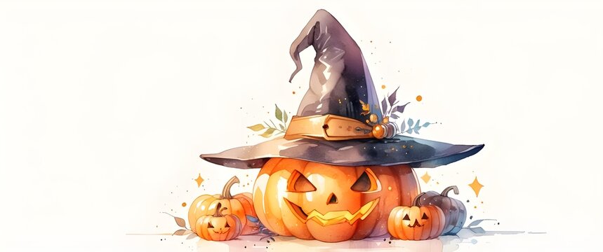 recommend clip art: Beautiful Halloween pumpkin watercolor painting. Halloween pumpkin and witch hat. Generative AI