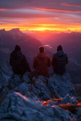 Obraz premium Mountain Top Friends at Sunset. Climbing with friends. Hike to mountain top.