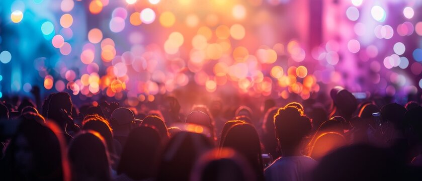 A vibrant crowd enjoys a concert with colorful stage lights and bokeh effects, capturing the high-energy atmosphere of live music.