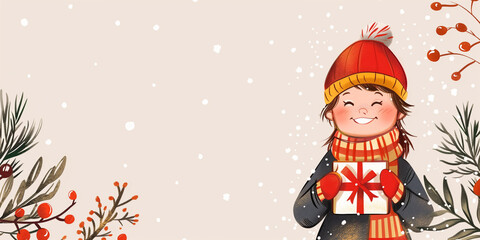 Naklejka premium Christmas holiday concept - sale banner. Cute little girl, boy hold gift box. Holiday design with character. Greeting card, invitation, cover, calendar, social media posts, menu. Generative Ai content