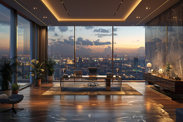 A modern office with sleek furniture and large windows overlooking the city. Concept of professionalism and business. Generative Ai.