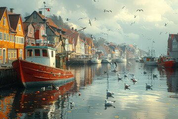 Fototapeta premium A quaint harbor with fishing boats and seagulls. Concept of maritime life and tradition. Generative Ai.