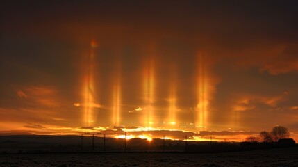 Fototapeta premium The suns last farewell creates a stunning display of solar pillars against the evening sky.
