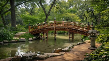 serene japanese garden with wooden bridge and stone lanterns, surrounded by lush greenery and tranquil waters