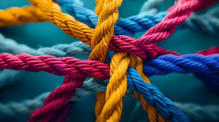 concept to improve cooperation, cohesion of colorful ropes in a team spirit strengthening project, created with generative AI technology