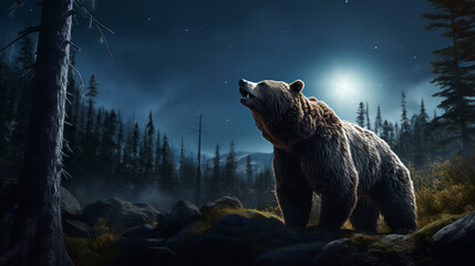 bear in the forest moon night