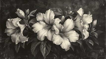 Nostalgic old engraving, delicate flowers immortalized in intricate detail, evoking the timeless beauty and craftsmanship of traditional engraving techniques, a vintage tribute to nature's elegance