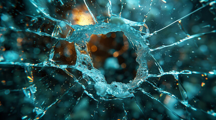 Through crack of broken glass from impact