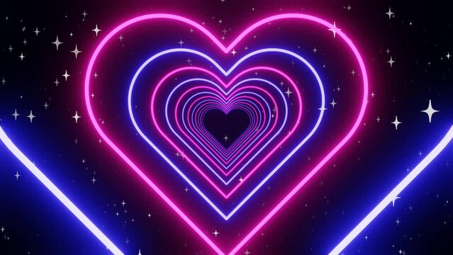 3d Neon glowing abstract rainbow heart tunnel in pink and blue colors bisexual. Disco music party Valentines day celebration. Retro y2k futuristic background. Animation loop 30fps 4k	

